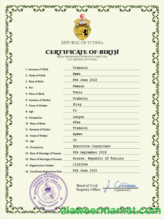 Tunisia vital record birth certificate PSD template